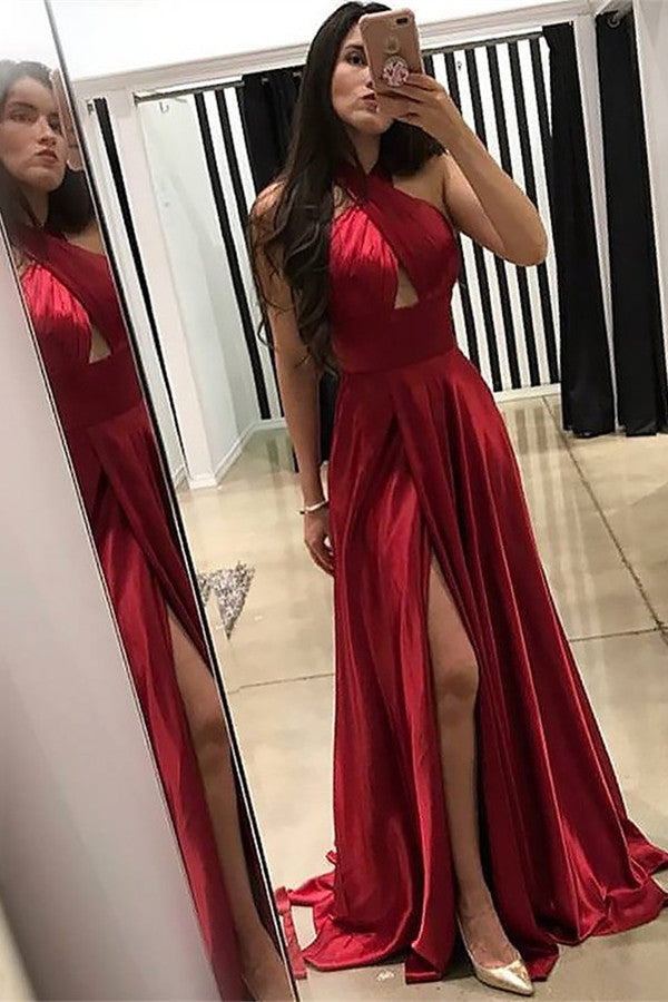Red Wine Halter Neck Mermaid Prom Dress with Slit and Ruffles