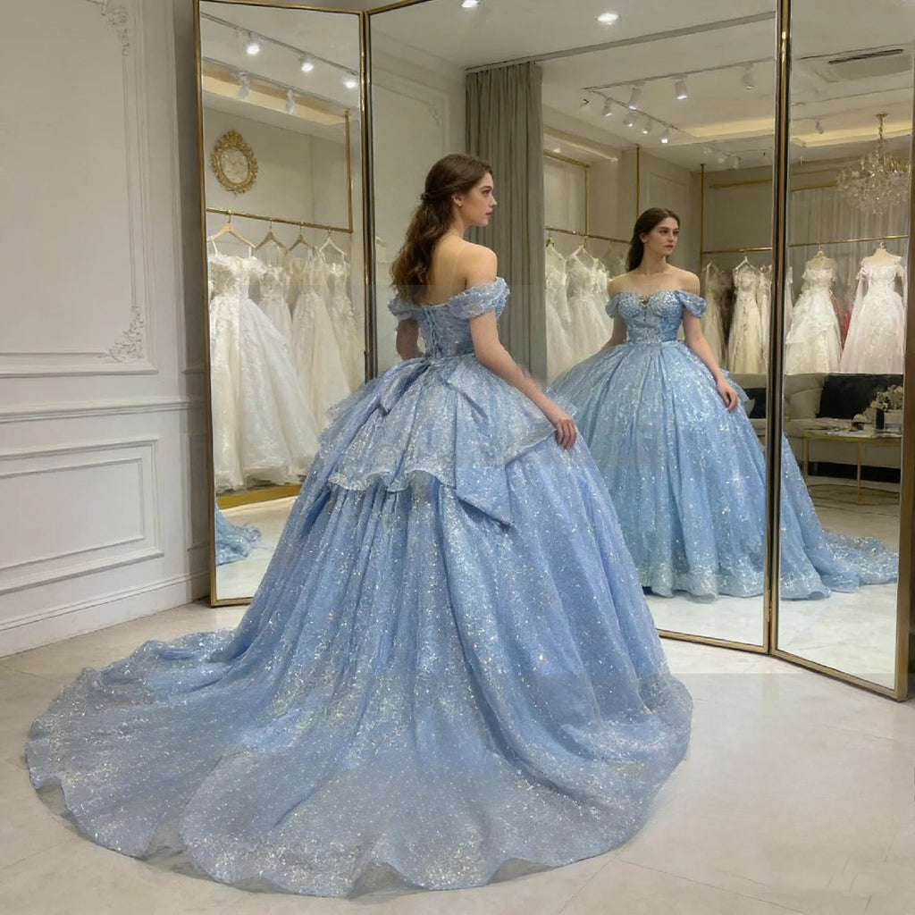 Real Picture Sky Blue Cap Sleeve Pearls Tiered Ball Gown Tulle Shinny Women Prom Party Occasion Wear Quinceanera 15 Customized