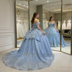 Real Picture Sky Blue Cap Sleeve Pearls Tiered Ball Gown Tulle Shinny Women Prom Party Occasion Wear Quinceanera 15 Customized