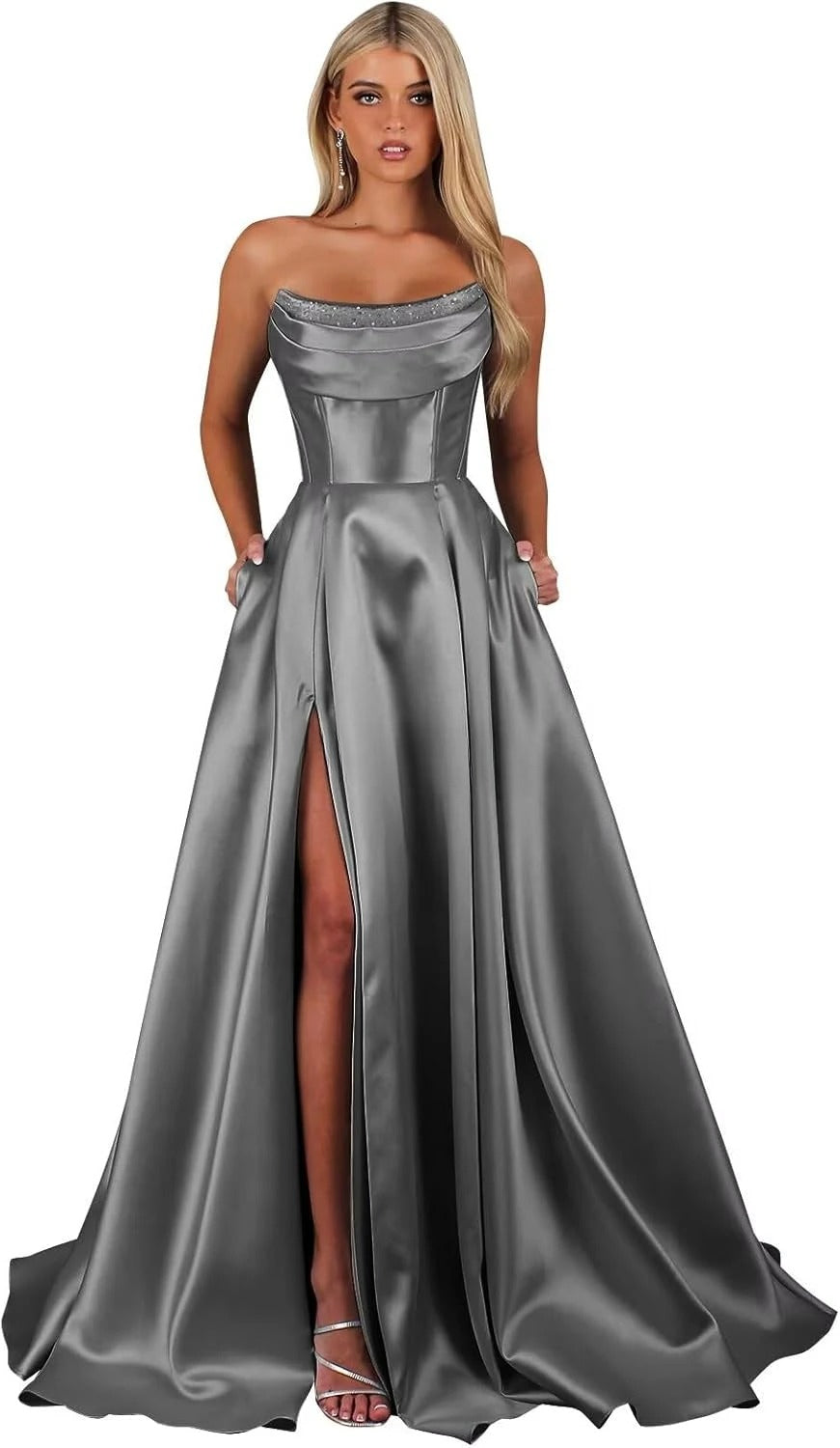 Strapless Corset Prom Dresses for Women with Slit Long Satin Formal Evening Gowns with Pockets Elegant Sleeveless Party Dress