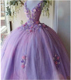 Princess Tulle Long Prom Dress with Flower,Ball Gowns Quinceanera Dresses Y4372