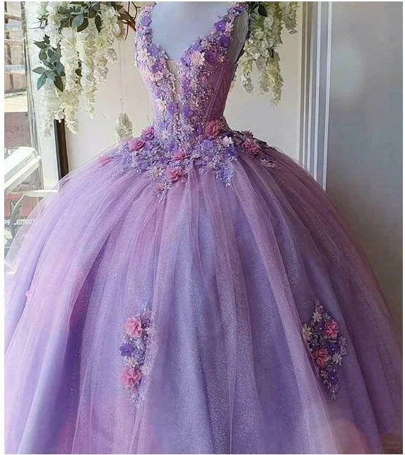 Princess Tulle Long Prom Dress with Flower,Ball Gowns Quinceanera Dresses Y4372
