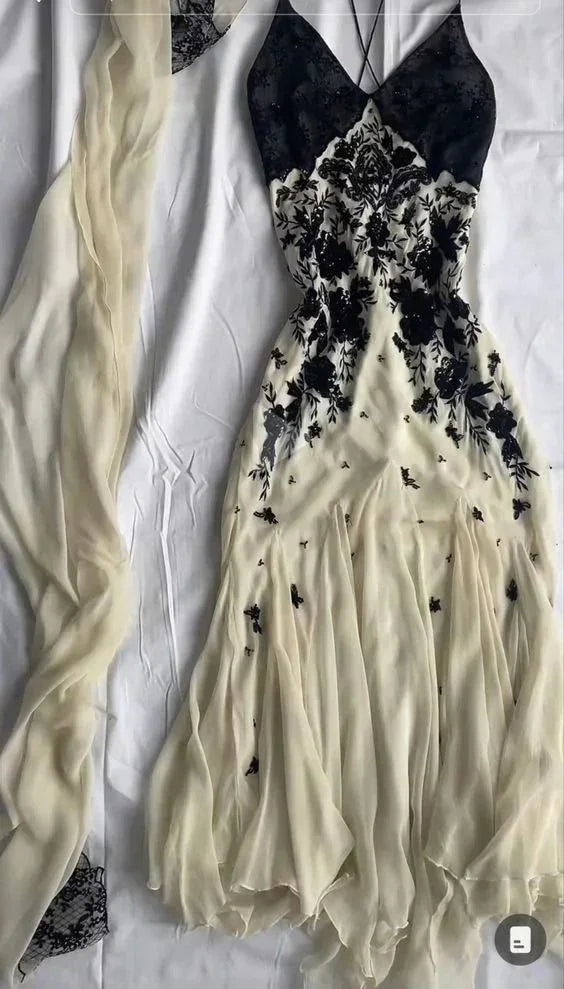 Champagne Spaghetti Straps Chiffon Black Lace Prom Dress Long Evening Dress Y7480