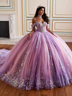 Romantic Off-shoulder Quinceanera Dress Charming Metal Lace Applique Party Dress Shiny Sleeveless Party Gown 16 Customized