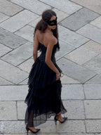 Vintage Black Strapless Ruffle Gown – Sheer Waist-Cinching Evening Dress for Gala & Runway