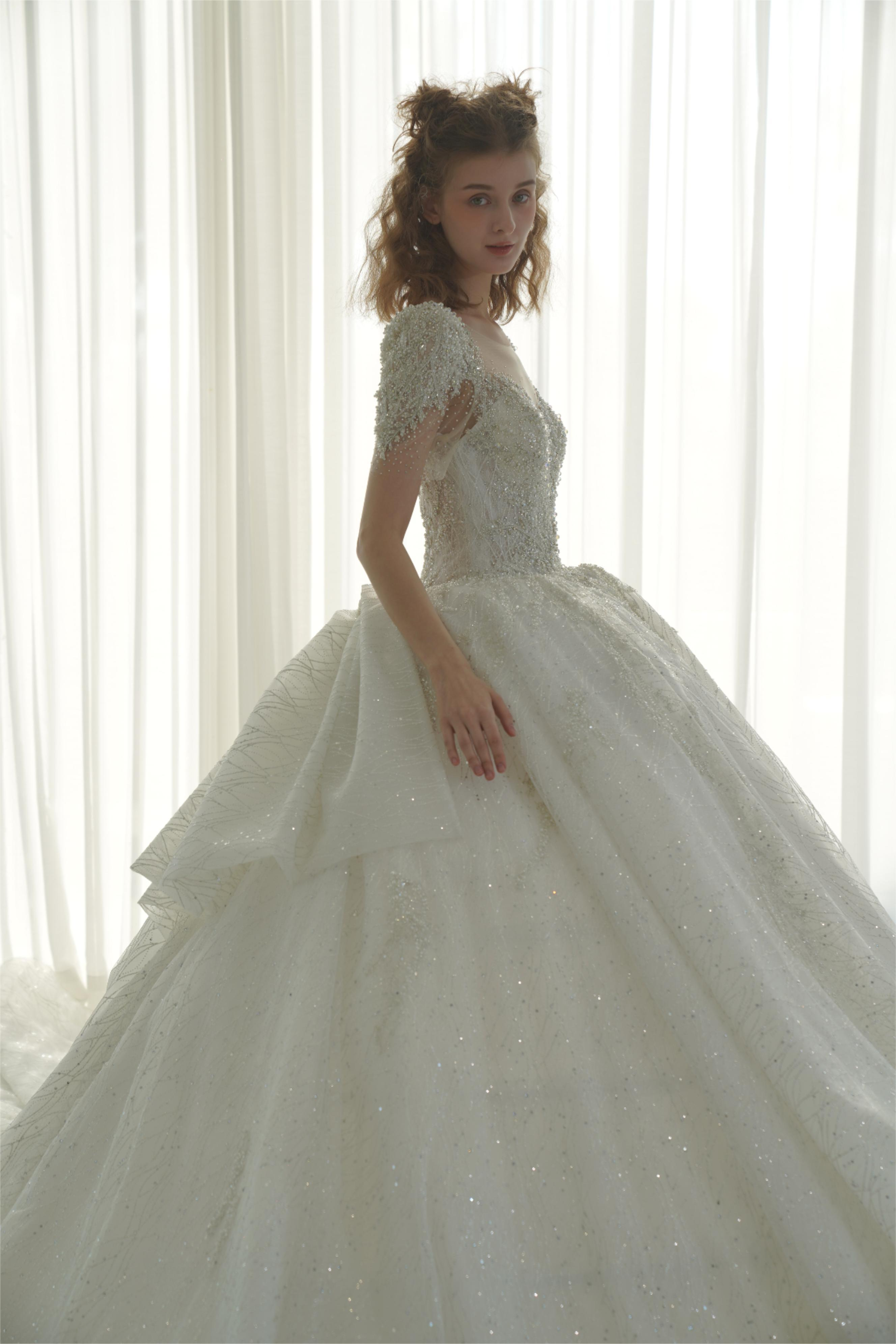 Sparkling Crystal Ball Gown Wedding Dress with Oversized Back Bow & Cathedral Train