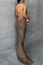 Sexy Solid Backless Fold Halter Evening Dresses