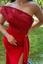 Split Front One Shoulder Mermaid Gown with Sequins and Lace Appliques