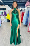 Mermaid Halter Dark Green Satin Long Prom Dresses with Beads