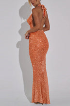 Shine All Night Sheer Sequin Cowl Neck Halter Maxi Dress