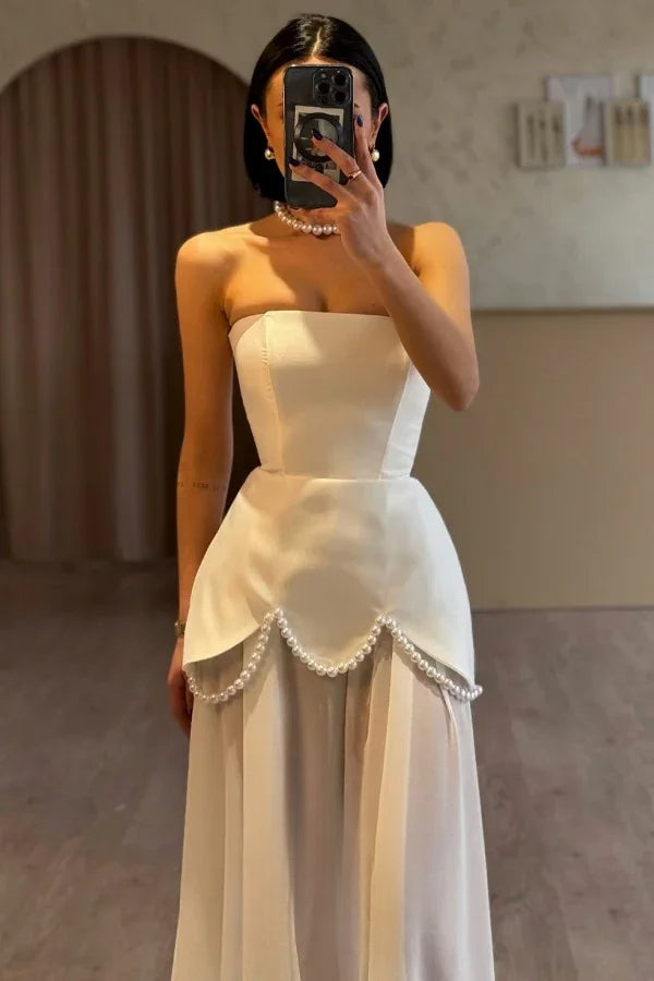 Red Elegant Women Evening Dresses Strapless Pearls Luxury Women Party Gown Customized Formal Occasion Gown for Lady