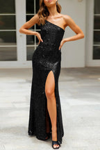 Sexy Formal Solid Sequins Slit Oblique Collar Evening Dress Dresses