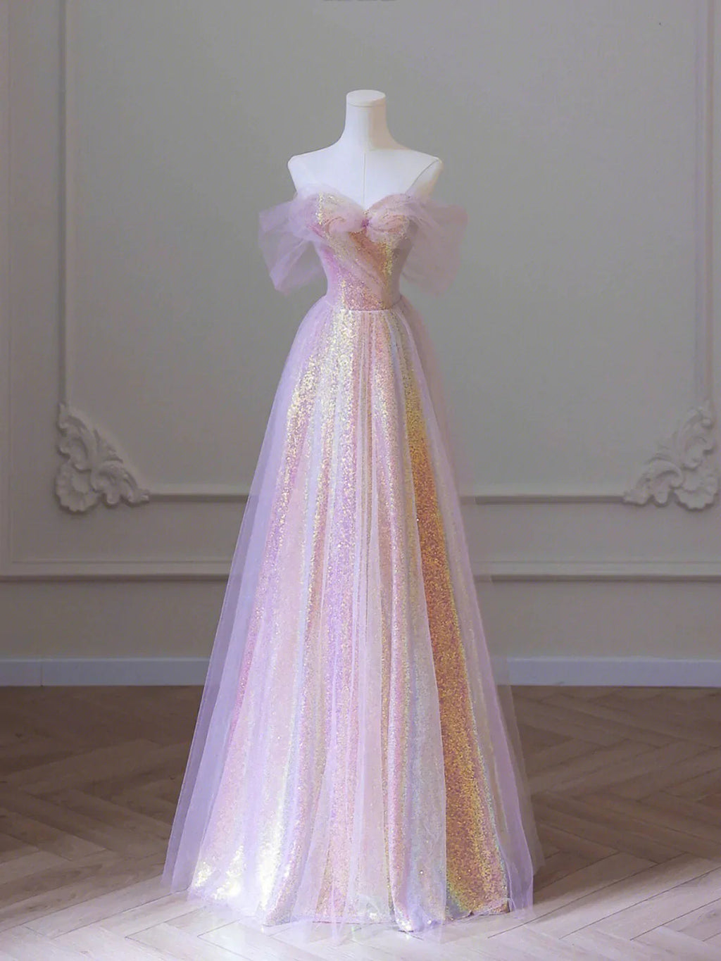 Shiny Tulle Sequins Long Prom Dress, A-Line Off the Shoulder Evening Dress Y1416