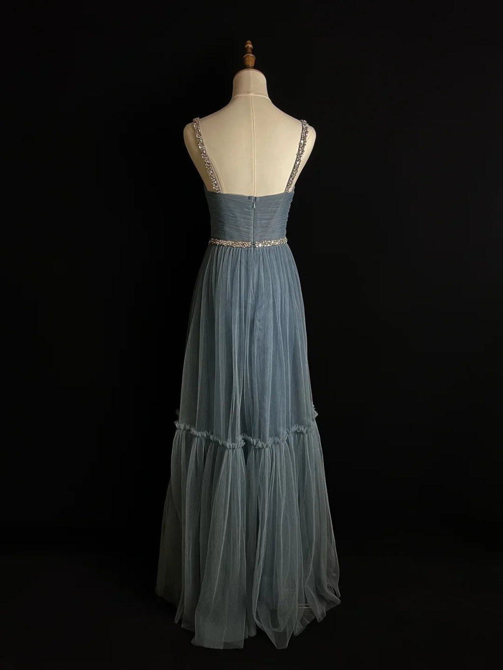 Simple Blue Tulle Beaded A Line Evening Dress Spaghetti Straps V Neck Prom Dress Y8649