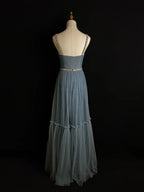Simple Blue Tulle Beaded A Line Evening Dress Spaghetti Straps V Neck Prom Dress Y8649