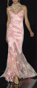 Pink Spaghetti Straps Satin Lace Mermaid Evening Dress Formal Prom Dress Y8408