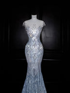 Beautiful Mermaid Sequin Beaded Evening Dress Blue Tulle Prom Dress Y8690