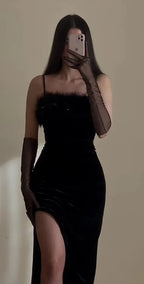 Elegant Black Spaghetti Straps Evening Dress With Split Y6412