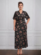 Vintage Plain V-Neck Short Sleeves Velvet Tea-Length Mother of the Bride Dress With Slit