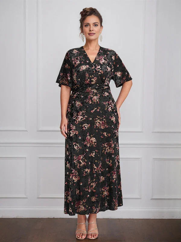 Vintage Plain V-Neck Short Sleeves Velvet Tea-Length Mother of the Bride Dress With Slit
