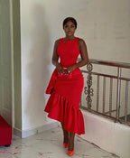 Women's Red Irregular Ruffled Round Neck Christmas Sleeveless Elegant Party Evening Dress  Y4109