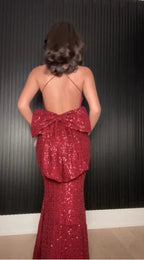 Elegant Burgundy Sequins Mermaid Evening Dress Backless Long Prom Dress With Bow Y8510