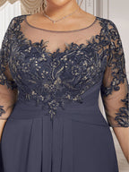 A-line Scoop Illusion Floor-Length Lace Chiffon Mother of the Bride Dress With Cascading Ruffles