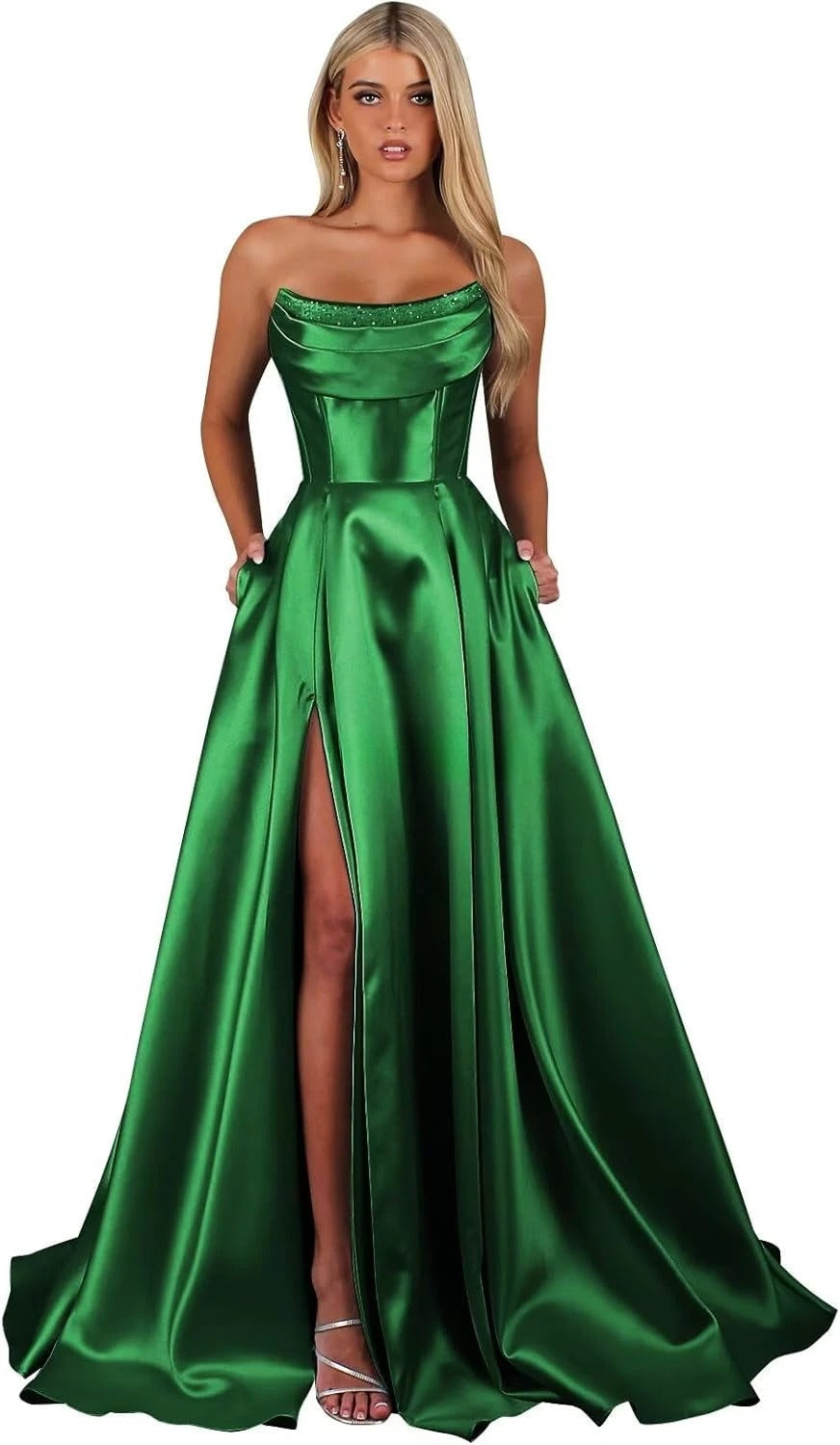 Strapless Corset Prom Dresses for Women with Slit Long Satin Formal Evening Gowns with Pockets Elegant Sleeveless Party Dress