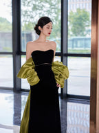 Pretty Black Strapless Satin Long Prom Dress Evening Dress With Bow Y8594