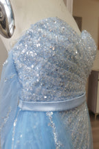 Split Front Sky Blue Off-the-Shoulder Tulle Prom Dress with Sequin Embellishments