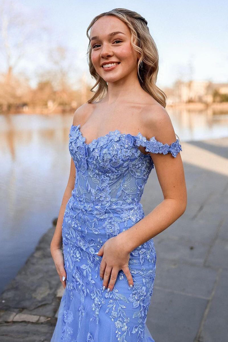Off the Shoulder Tulle Appliques Mermaid Long Prom Dresses