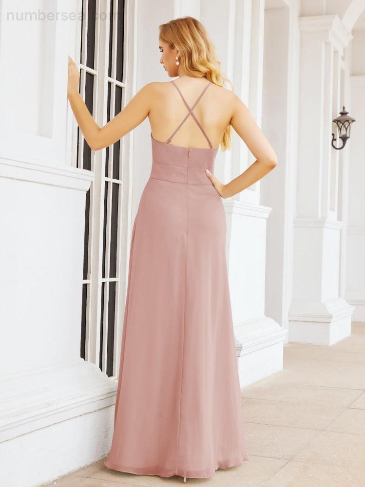 Halter Bridesmaid Dresses with Pockets Sleeveless Formal Evening Party Prom Gowns  28055