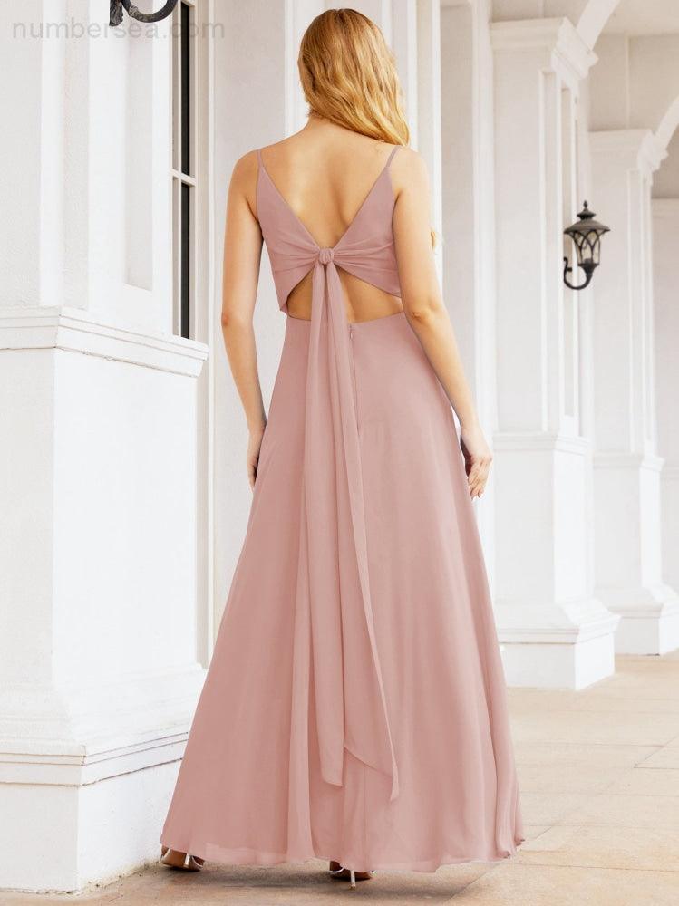 Spaghetti Strap Bridesmaid Dresses V Neck Butterfly Back Fromal Evening Party Prom Gown 28036
