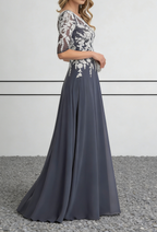 Dusty Blue Chiffon Maxi Dress with White Lace Appliqué & 3/4 Sleeves