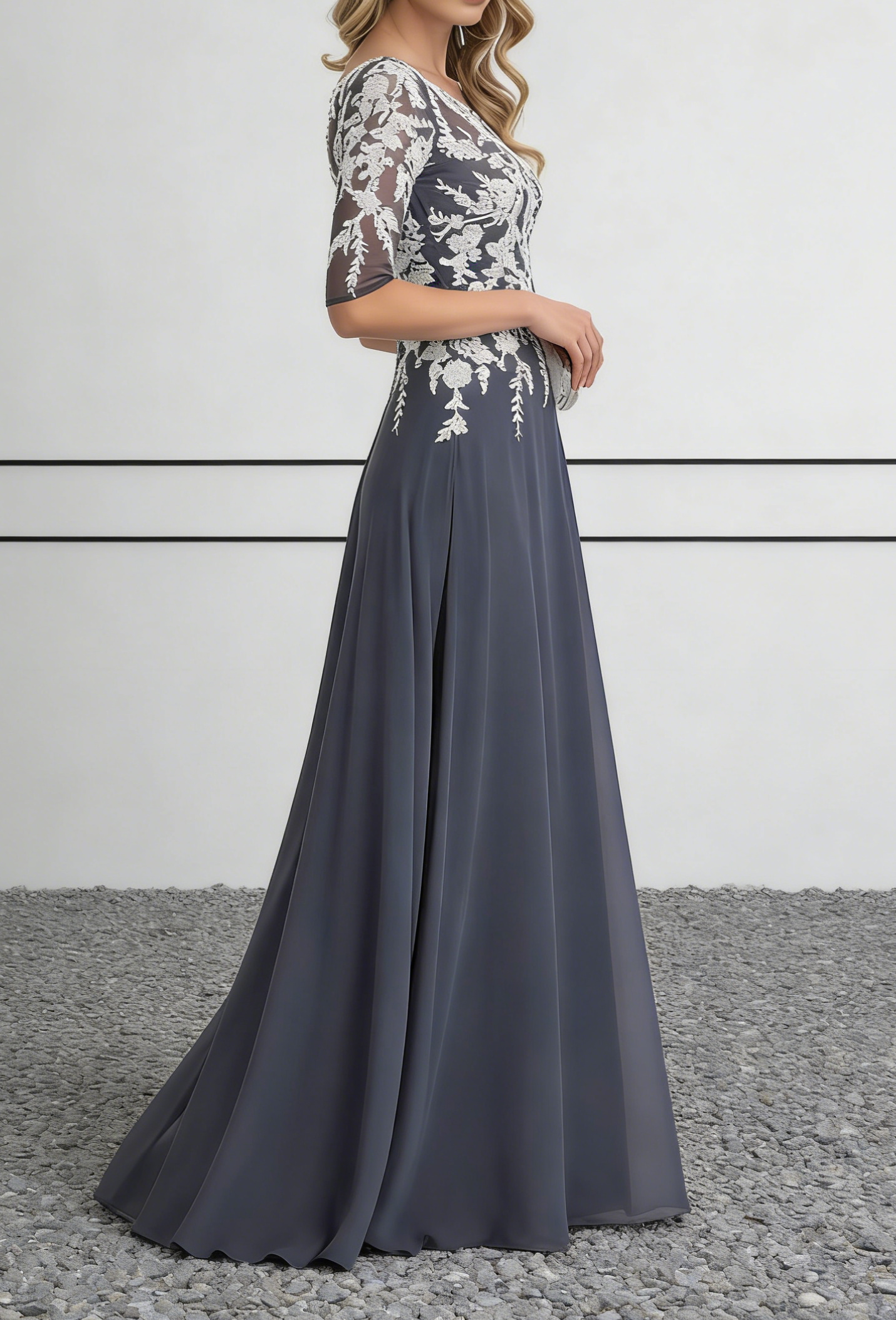 Dusty Blue Chiffon Maxi Dress with White Lace Appliqué & 3/4 Sleeves