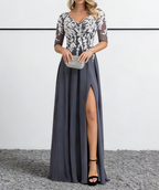 Dusty Blue Chiffon Maxi Dress with White Lace Appliqué & 3/4 Sleeves