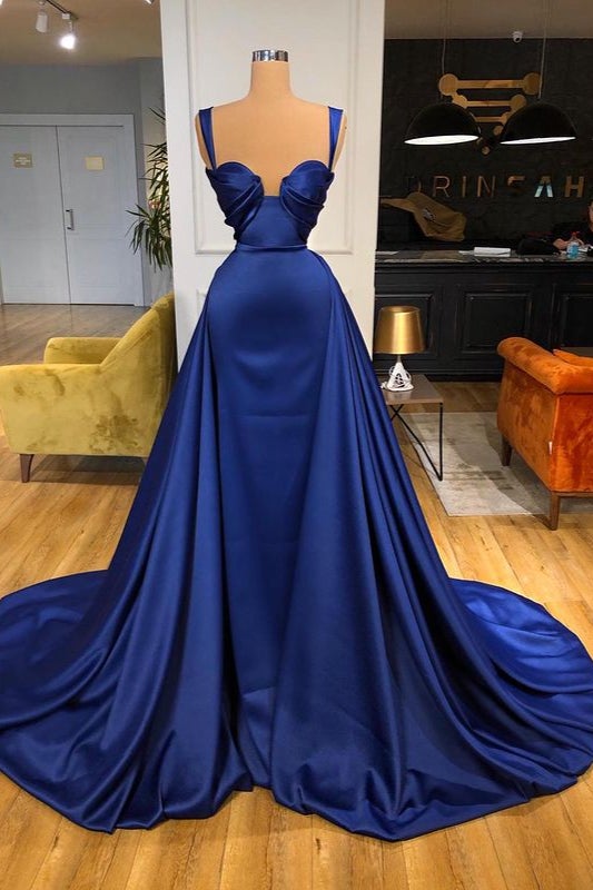 Regal Blue Strap Sweetheart Long Mermaid Prom Dress with Train