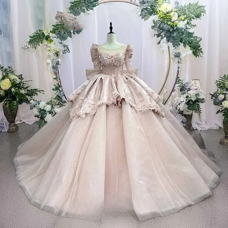 Pink Sweetheart Layer Prom Dress Customize Quinceanera Dress Full Sleeves Tulle Off-Shoulder Dress Coming of Age Ceremony Dress