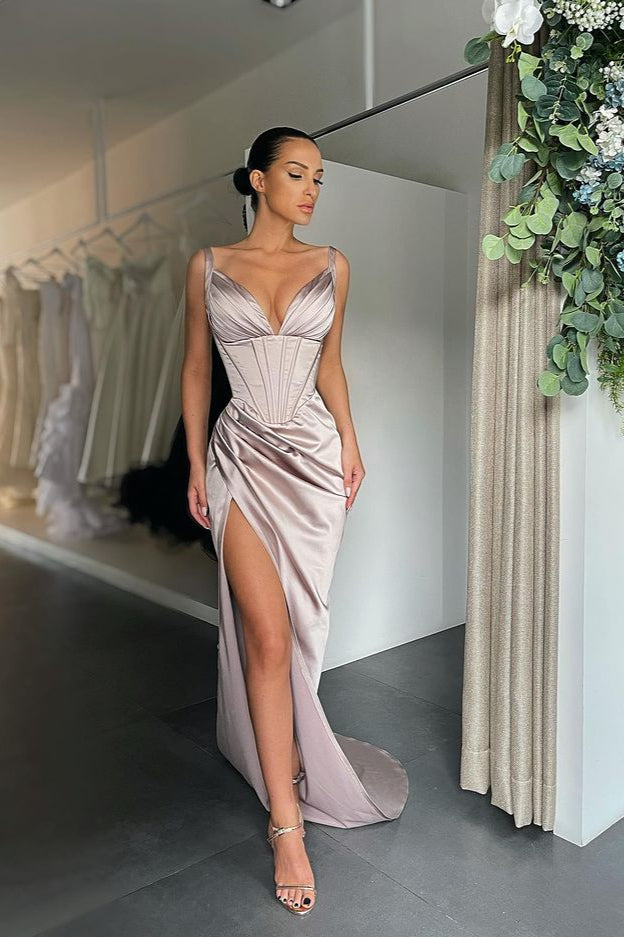 Spaghetti Straps Sleeveless V-Neck Split Prom Dress