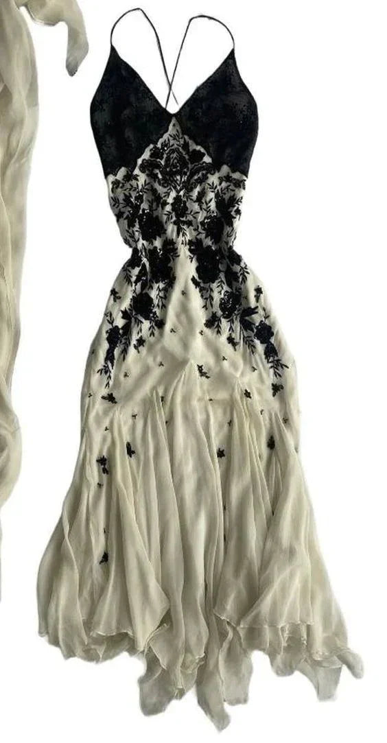 Champagne Spaghetti Straps Chiffon Black Lace Prom Dress Long Evening Dress Y7480