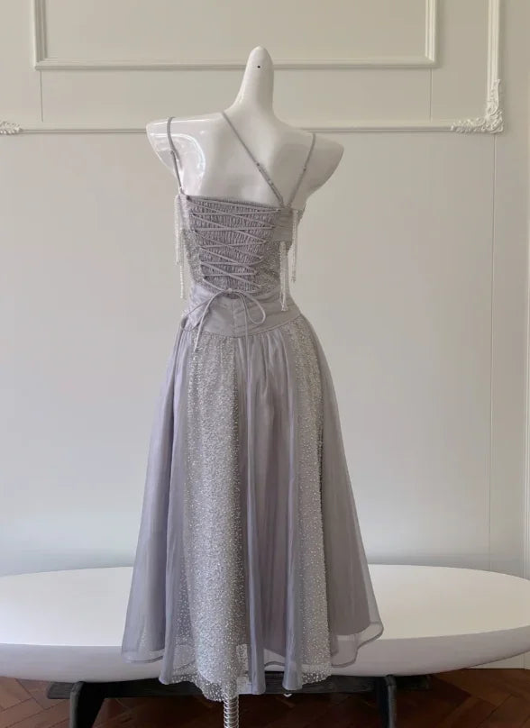 Classy Purple Sequins Tulle Beaded Tassel Prom Dress A Line Evening Dress Y8586