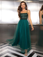 Summer Sexy Sequin Gauze Stitching Evening Dress Contrast Color Sequined Mesh Camouflage Dress