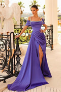 Ravishing Violet Mermaid Prom Gown with Off-The-Shoulder Beadings and Ruffles