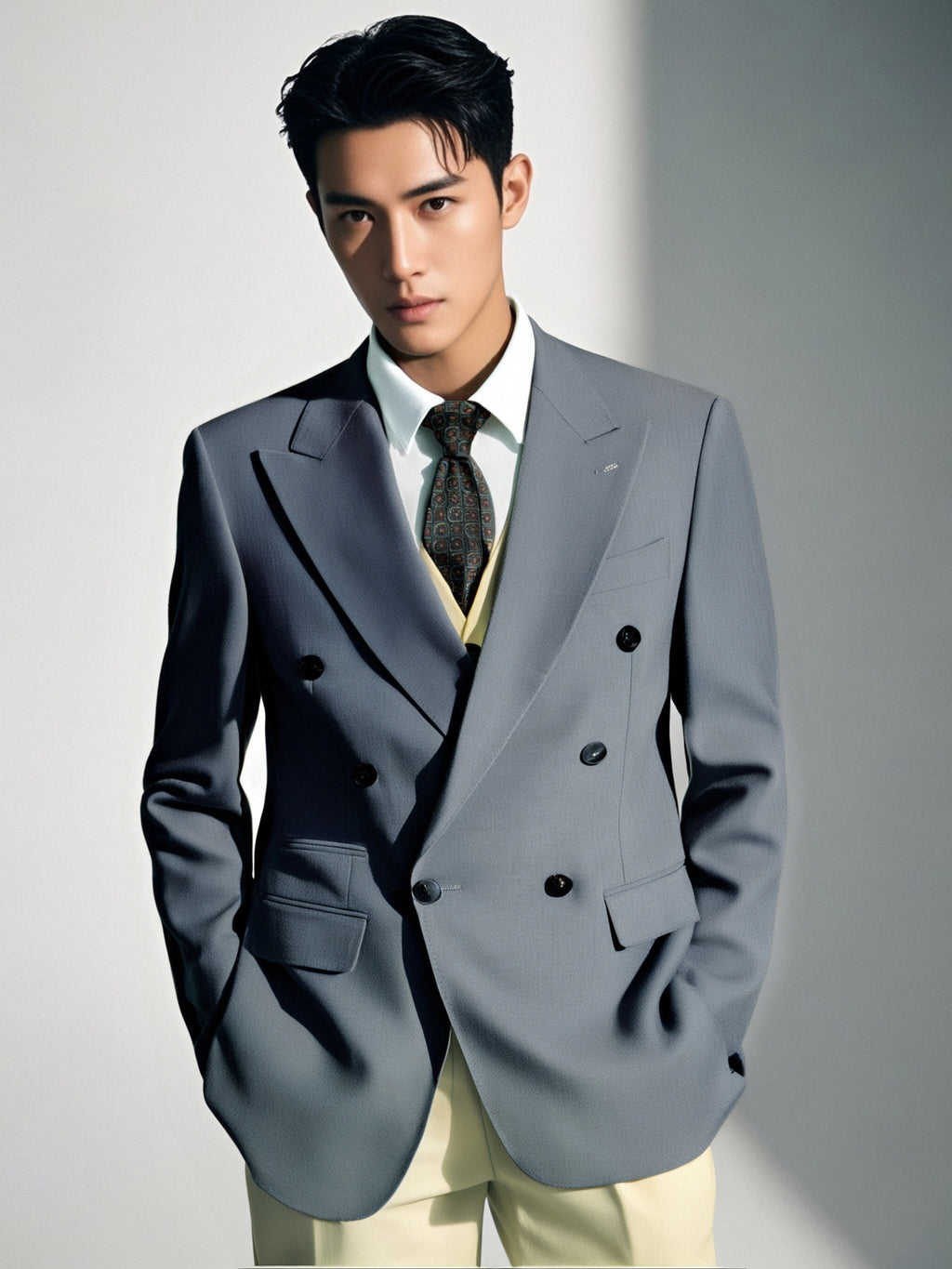 Double Breasted Light Grey Wool Suit For Groom And Business With Peak Lapels
