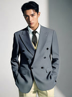 Double Breasted Light Grey Wool Suit For Groom And Business With Peak Lapels