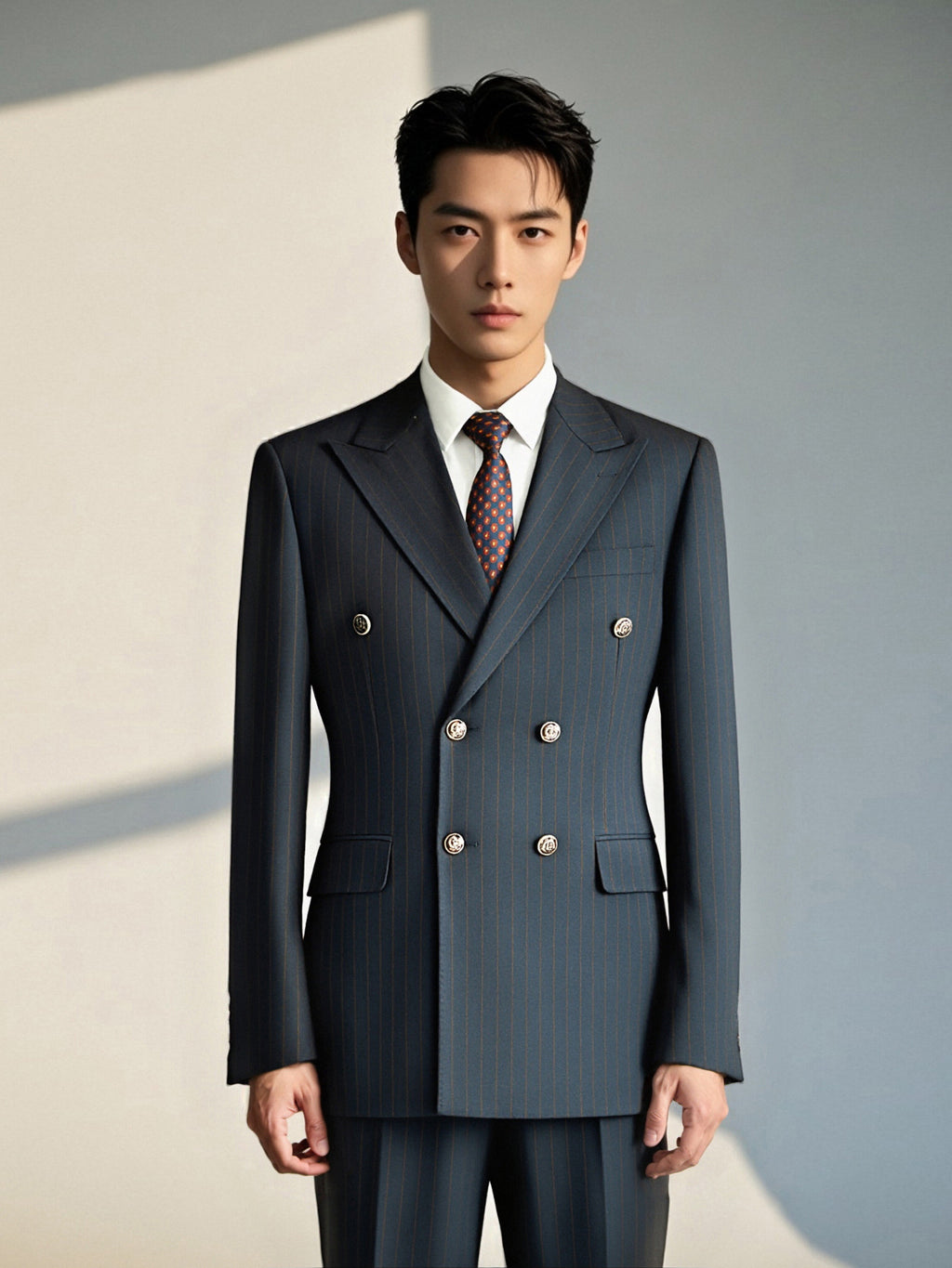 Navy Pinstripe Wool Double Breasted Suit Tailored For Formal Groom And Business