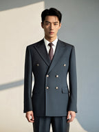 Navy Pinstripe Wool Double Breasted Suit Tailored For Formal Groom And Business