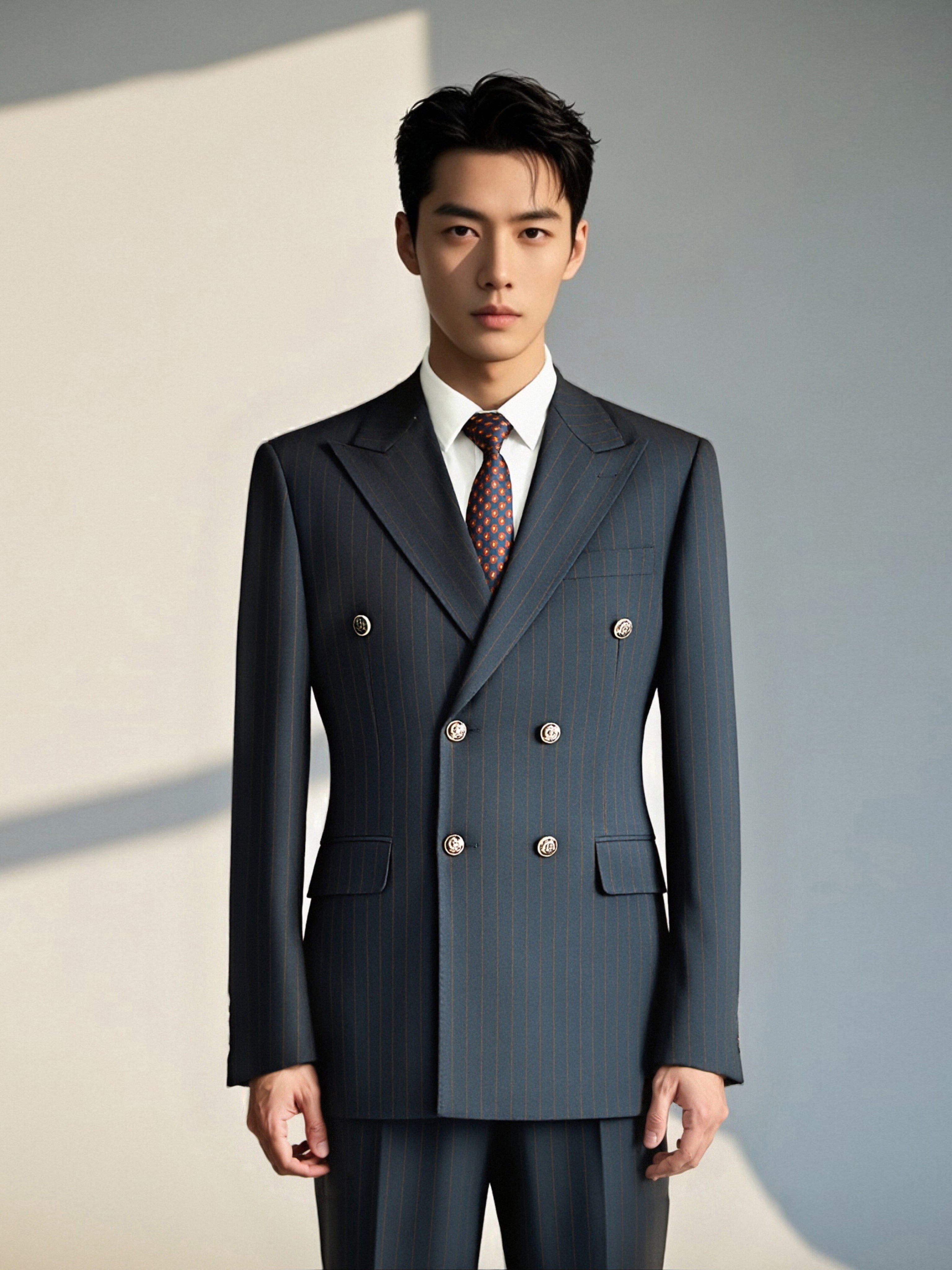Navy Pinstripe Wool Double Breasted Suit Tailored For Formal Groom And Business