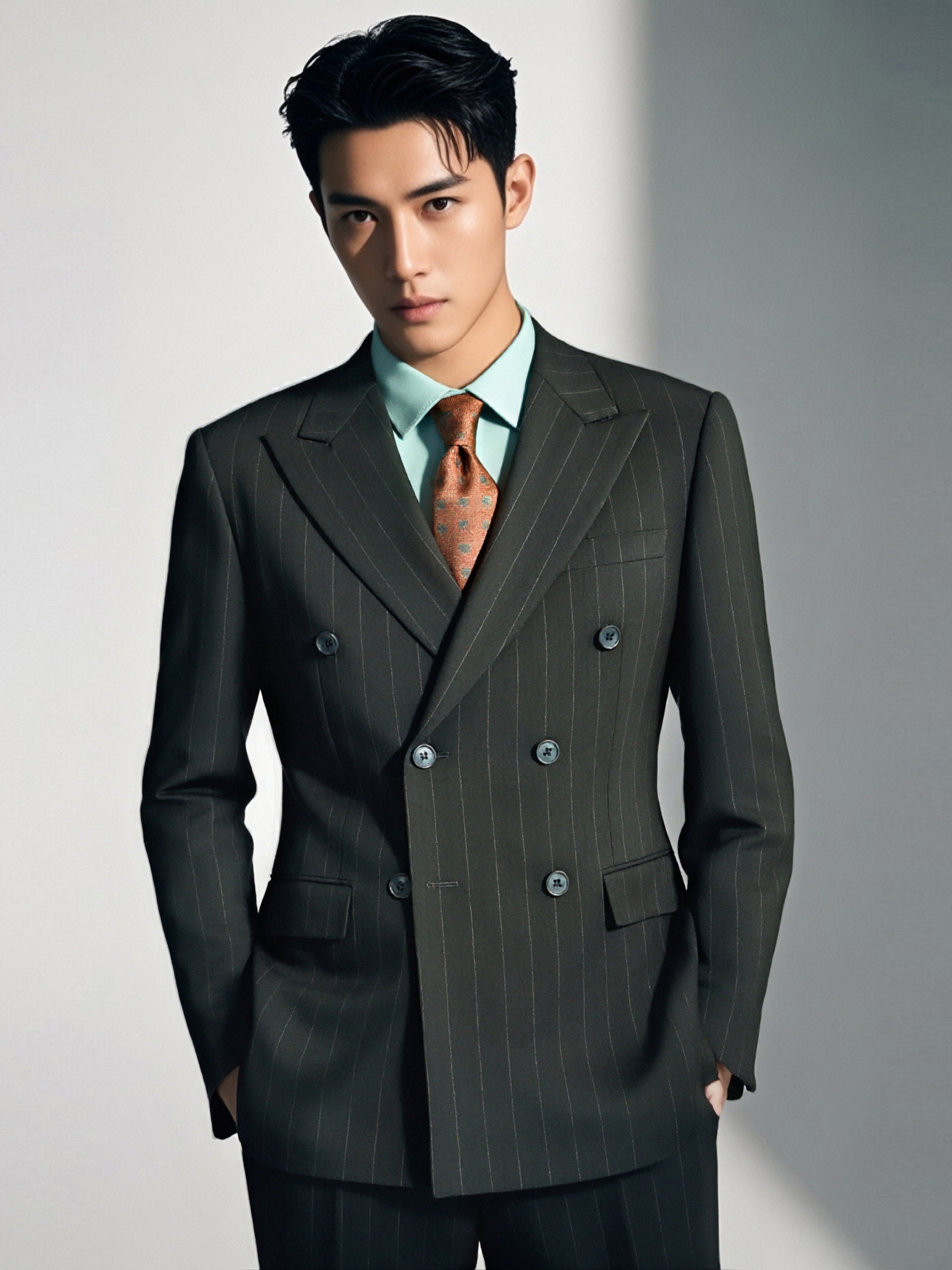 Double Breasted Charcoal Pinstripe Wool Suit For Formal Groom And Business