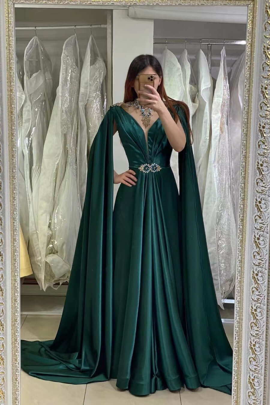 Ruffled V-Neck A-Line Long Prom Gown with Beads and Cape